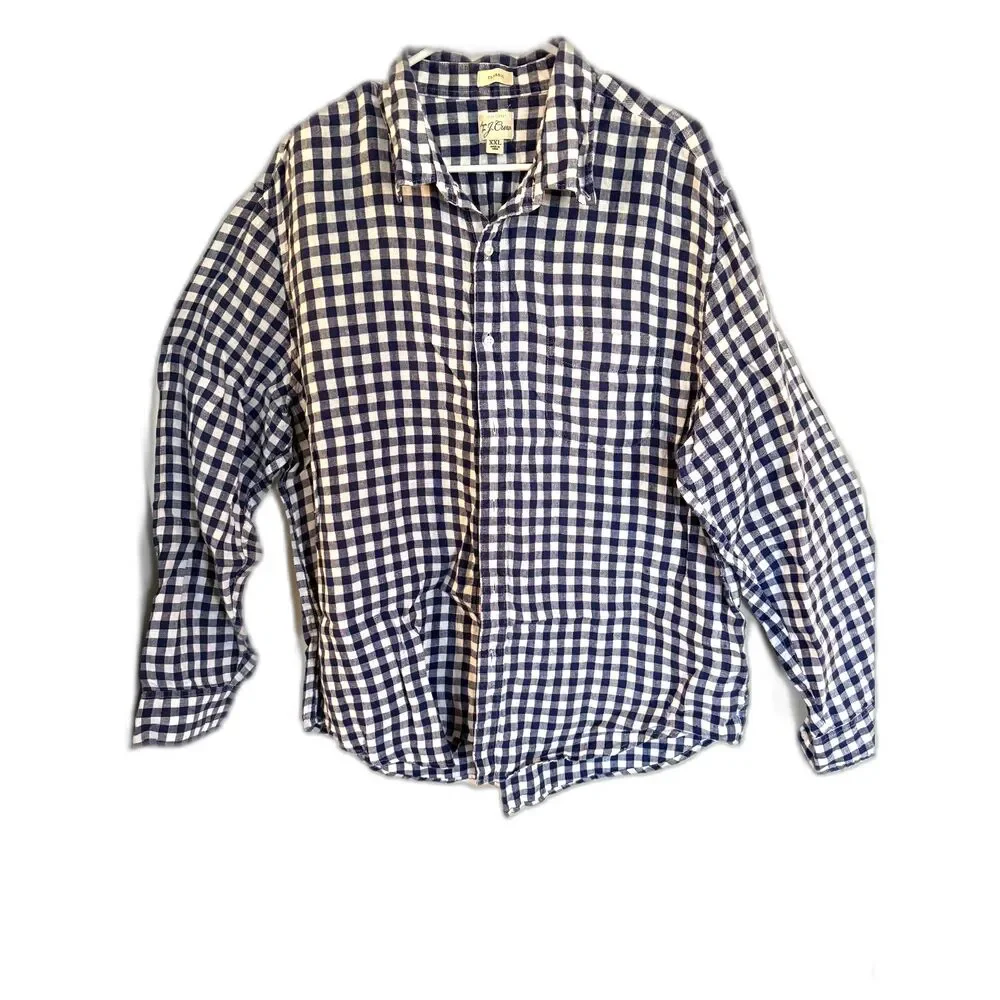J Crew Irish Linen Blue white Plaid Men's Long sleeve Button Shirt Size XXL